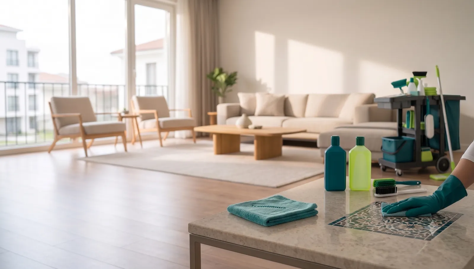 Temizlenmiş, ferah bir salon ve temizlik ekipmanı